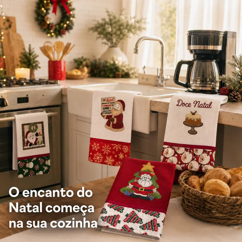 Panos de prato natalinos pendurados na cozinha decorada